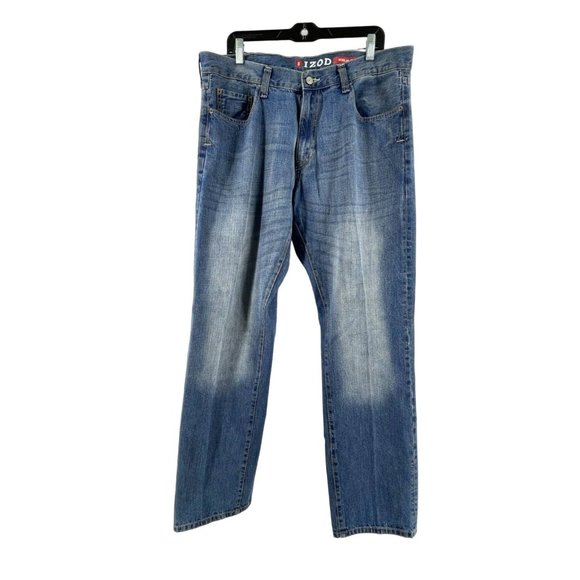 IZOD Men's Straight Medium Wash Mid Rise Embroidered 5 Pocket Jeans 36 x 32